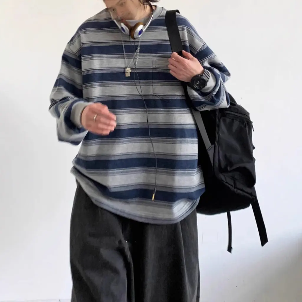 Camisa de manga larga de estilo japonés Retro Sea Soul para niños y niñas primavera otoño pareja cuello redondo Base de moda a rayas