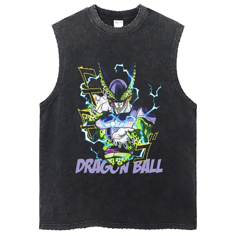 2024New Men Washed T-Shirt Sleeveless Dragon Ball Anime Graphic Oversized T Shirt Summer Short Sleeve Cotton Tshirt VintageTank