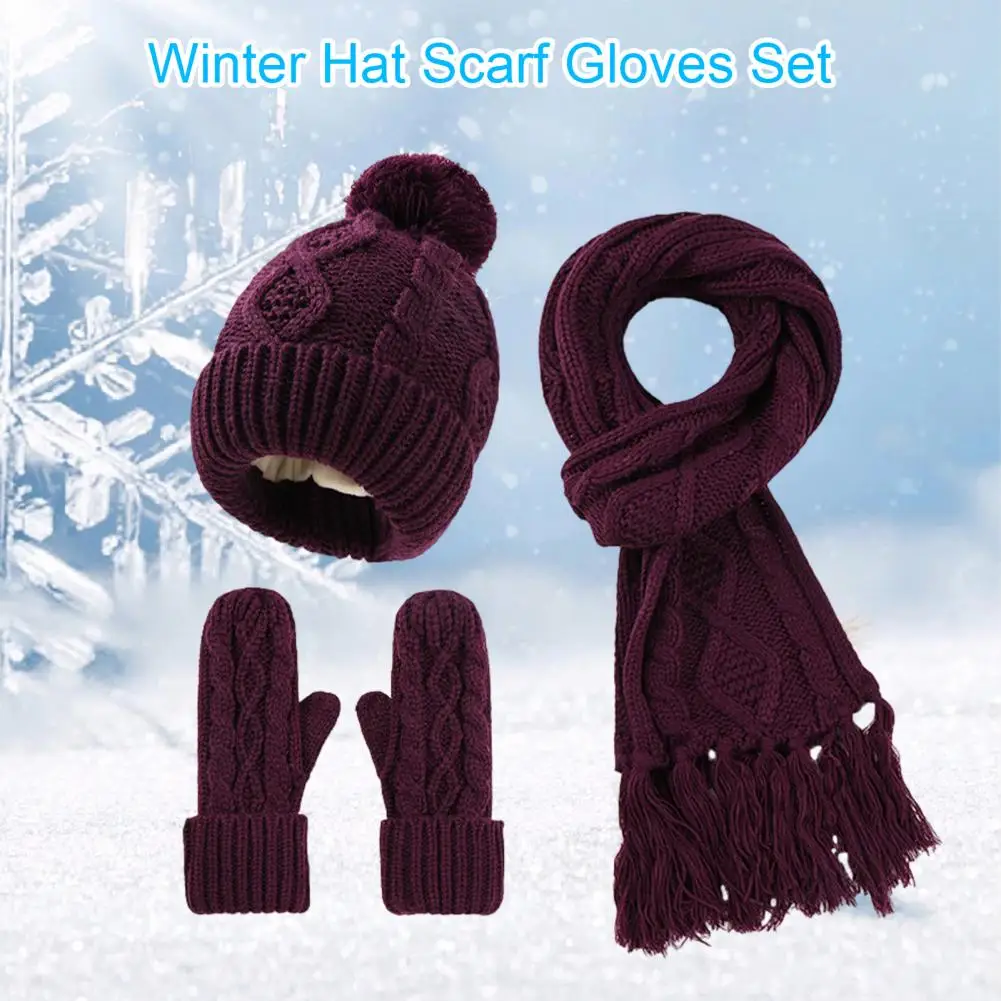 Knit Hat Scarf Set Women's Winter Hat Scarf Gloves Set Knitted Heat Retention Tassel Decor Windproof Outdoor Cycling Cap Mittens