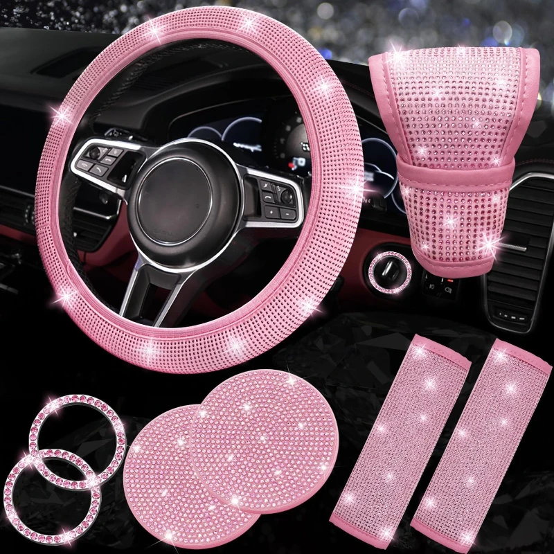8 pcs Bling Car Accessories Set for Women, Bling Rhinestone Diamond Steering Wheel Cover, Universal Sparkly Seat Belt Covers