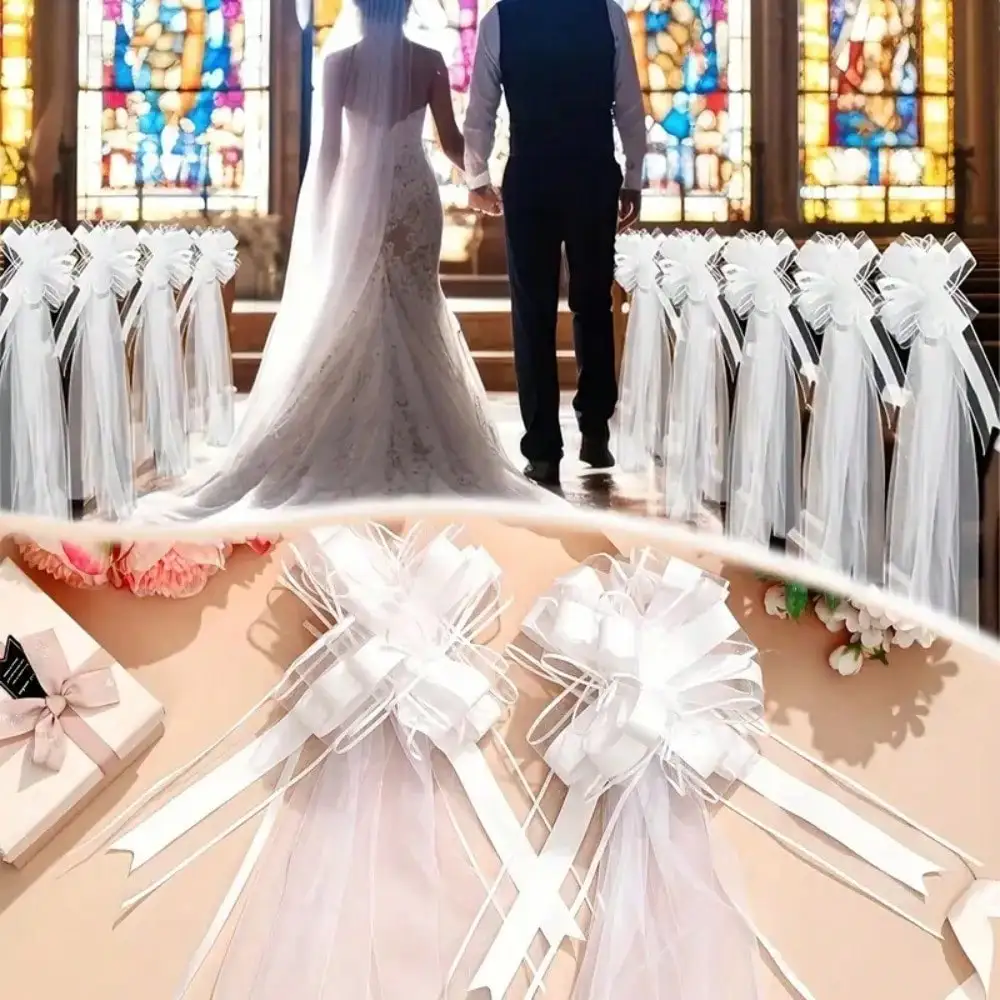 1/4/10 trouwjurken, lange sluiers, staart kerkstoelen, trouwauto decoraties, bruidsfeesten, recepties, witte strikken