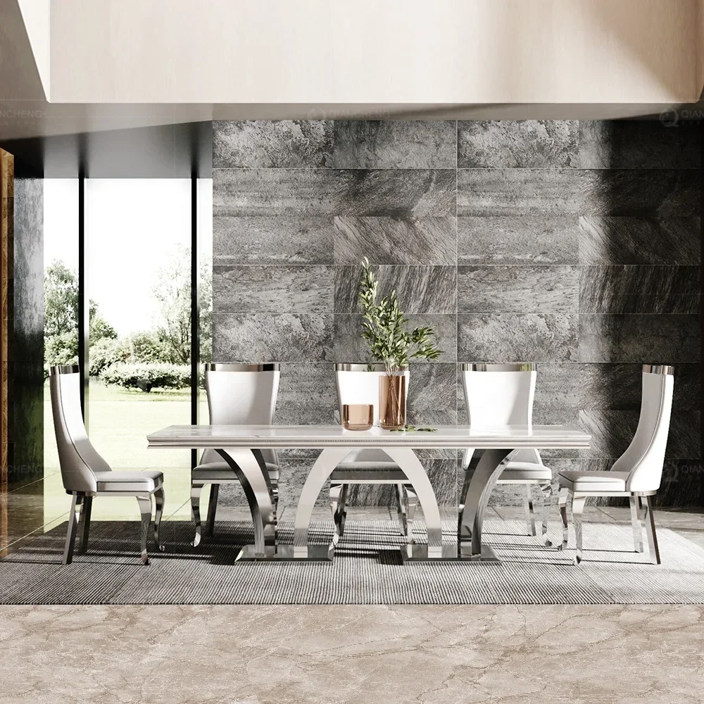 Fine quality interior furniture stainless steel base 8 seater chairs table modern marble dining table set