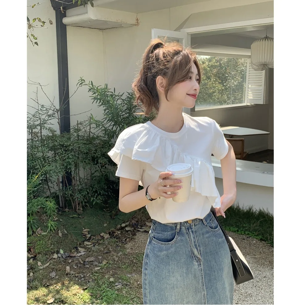 قصيرة الأكمام خارج الكتف قميص تي شيرت النمط الفرنسي تكدرت هيم الصيف الجينز قصيرة بسيطة عارضة أعلى، الصيف