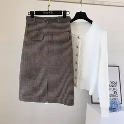Korean Fashion Autumn Winter New Woolen Women Houndsto Zipper Split Simplicity Chic High Waist Midi Slim A-line Hip Wrap Skirt