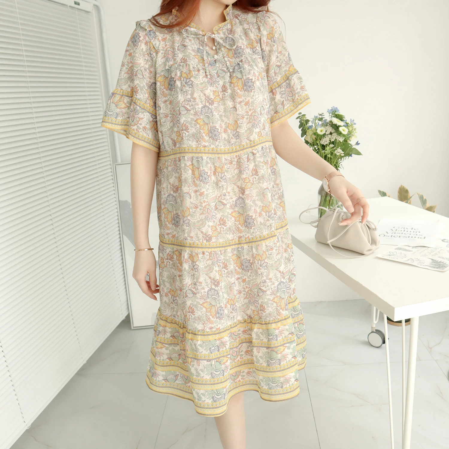 Dr lungo snellente stampato con cintura coreana Sle Pendolarismo floreale impreziosito vita ampia ort Sve Summer Dr