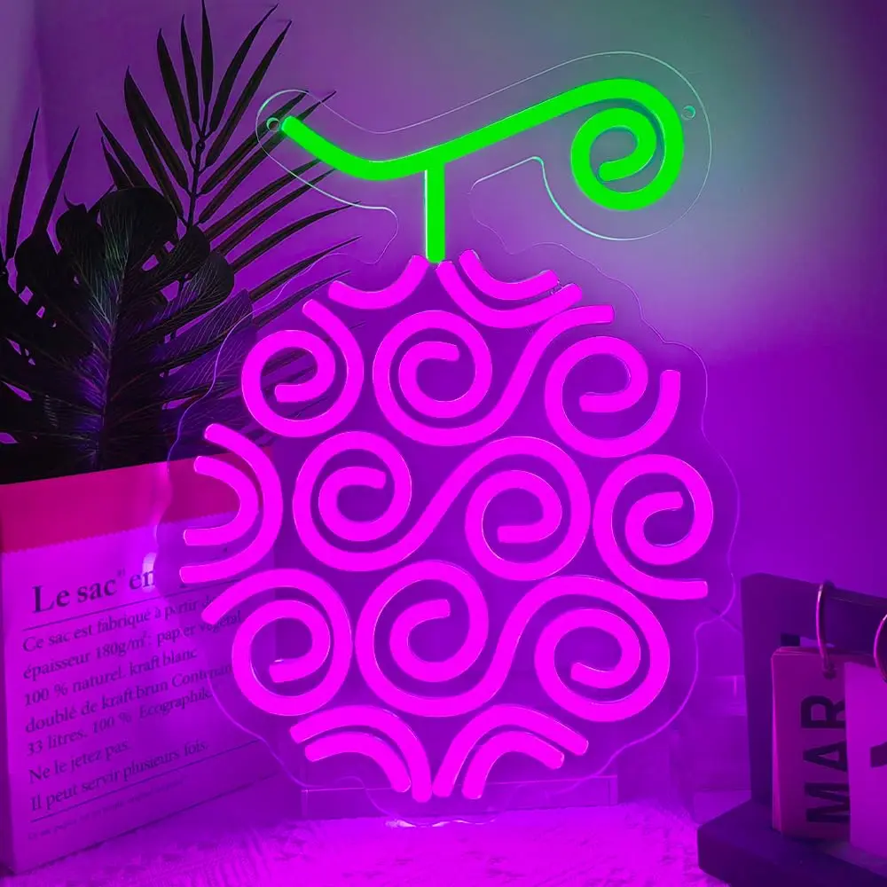 Sinal LED de fruta do diabo roxo - decoração de parede de néon de uma peça |   Ideal para casa, salas de jogos, bares, fãs |   Presente e decoração exclusivos de anime
