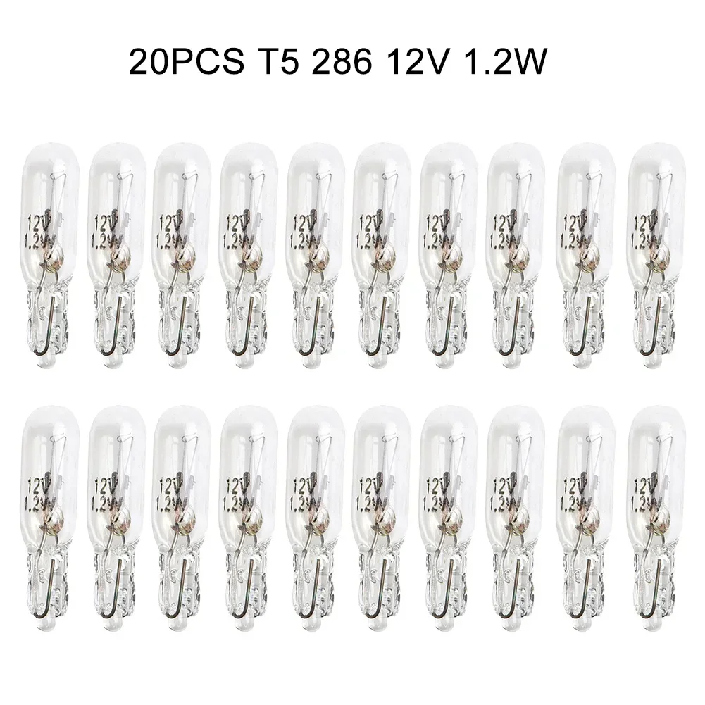 T5 286 Car Dashboard Light Bulbs Set, 20pcs, 12V 1 2W, Quartz Glass, Halogen Technology, Warm White Light, Wedge Bulb Type