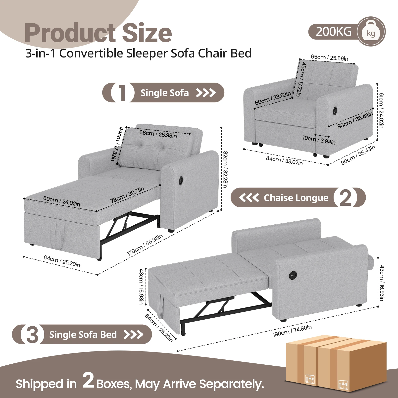 أريكة سرير، سرير أريكة فردي قابل للتحويل 3 في 1 مع منافذ USB وType-C، كرسي نوم فردي من الكتان مع جيب #2