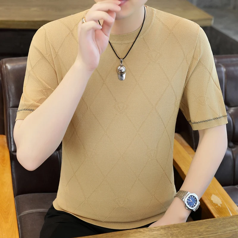 

Летняя высококачественная трикотажная футболка из ледяного шелка с коротким рукавом для мужчин, новая модель, облегающая, модная верхняя одежда