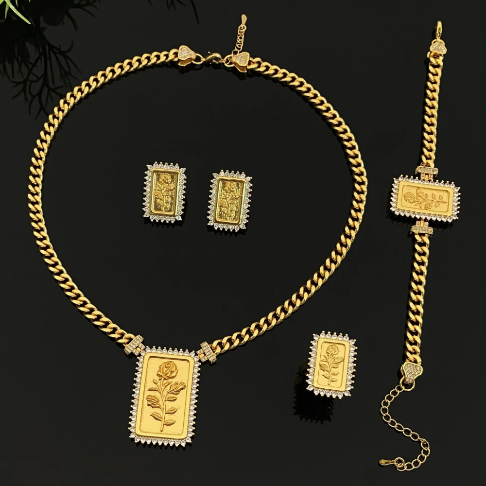 

JRH винтажный цветочный узор, позолоченный латунный циркон, комплект ювелирных изделий из 4 предметов, свадебное ожерелье, серьги, браслет, комплект колец