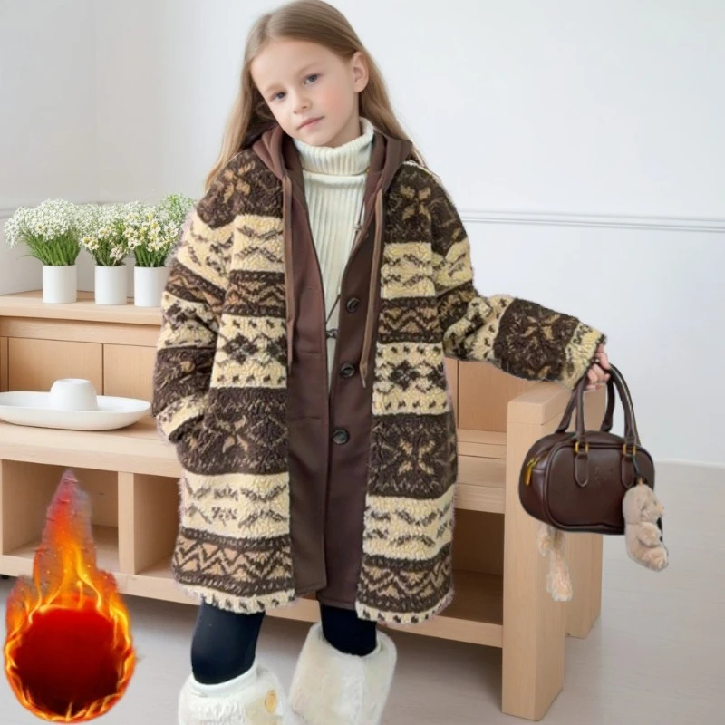 

2025 New Girls Hooded Coat Mid-calf Length Floral Jacquard Warm Outerwear Thicken Cotton School Padded Jacket for Big Kids 13 Y