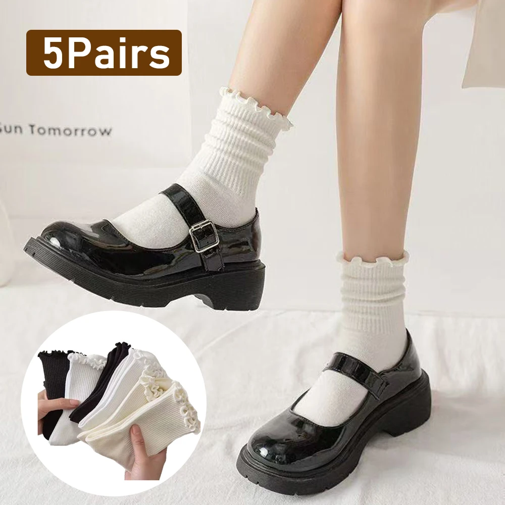 5 Paar/Lot Japanische Damen-Socken, Rüschen-Baumwollsocken, mittelhohe, knöchelhohe, kurze, atmungsaktive, schwarz-weiße Socken, Lolita-Mädchen-Socken, Frühling/Herbst