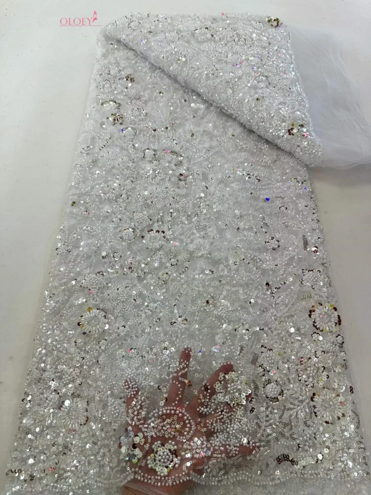

OLOEY Fashion French Mesh Beads Embroidery Sequins Lace Fabric African Nigerian Groom Lace Fabric For Wedding Dress Women