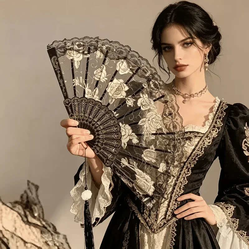 Gothic Rose Lace Folding Hand Fan Vintage Floral Foldable Fan with Tassel Retro Lolita Handheld Fan Wedding Party Cosplay