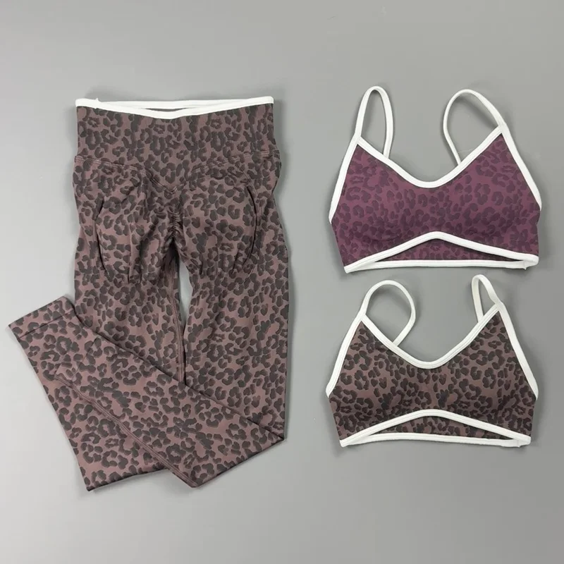 2 Pieces Gym Set Women Contrast Trim Leopard Pattern Sports Bra Hip Shaping Leggings Soft Naked Feel Tummy Control Yoga Outfit