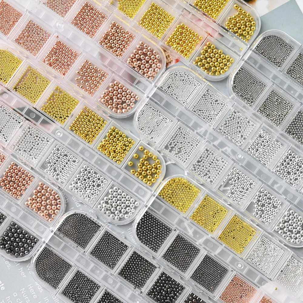 Mini cuentas de Caviar de Metal para uñas, 12 rejillas, 0,8/1,5/3mm, tamaños mixtos, dijes Aolly para uñas, pequeñas cuentas de acero inoxidable, diamantes de imitación Deco
