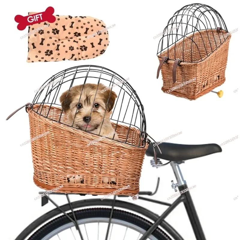 

Cat Dog Bicycle Front Handlebars Basket Pets Seat Wicker Woven Bike Basket Small Pet Carrier Cycling Accessories Shopping Basket