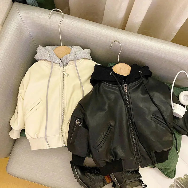 Boys' Thick Leather Coat Autumn and Winter 2022 New Children's Korean Style False Two-Piece Leather Jacket Kids' Overcoat