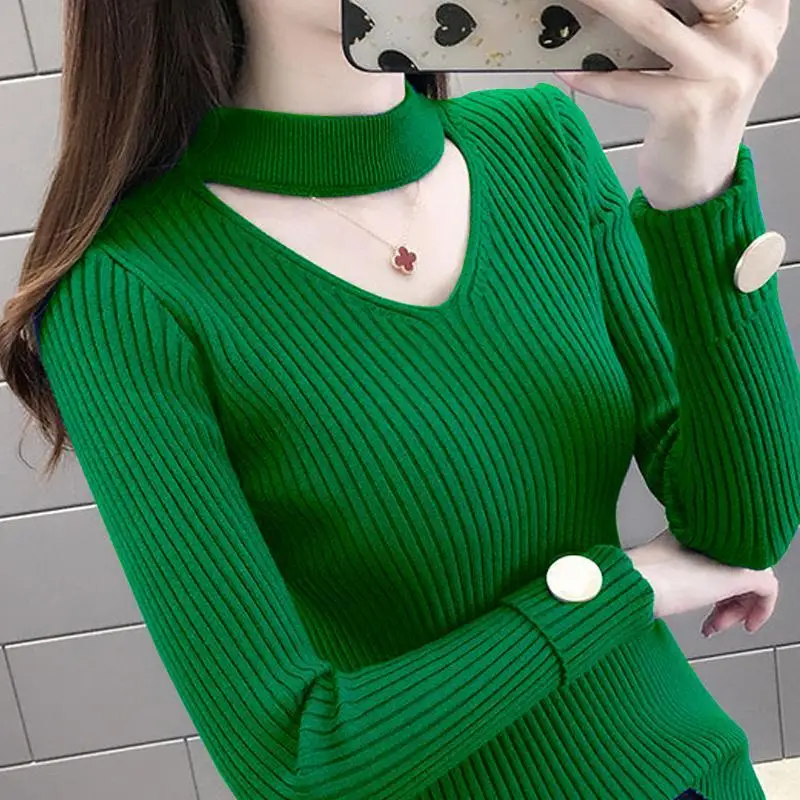 Autumn and Winter Women's Pullover Solid Color Hollow Loose Fit Long Sleeve Sweater Bottom Knit Fashion Commuter Casual Tops