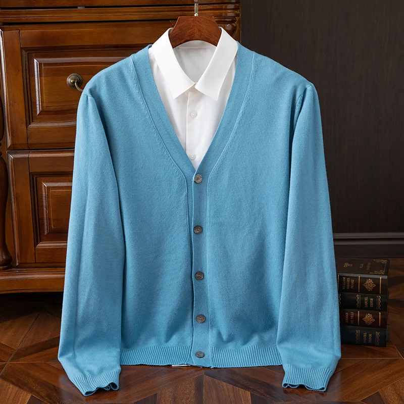 

Autumn Winter V-neck Merino Wool Cardigan Men's Cashmere Knitwear Sweater Button Top Casual Basic Business Clothing Tops
