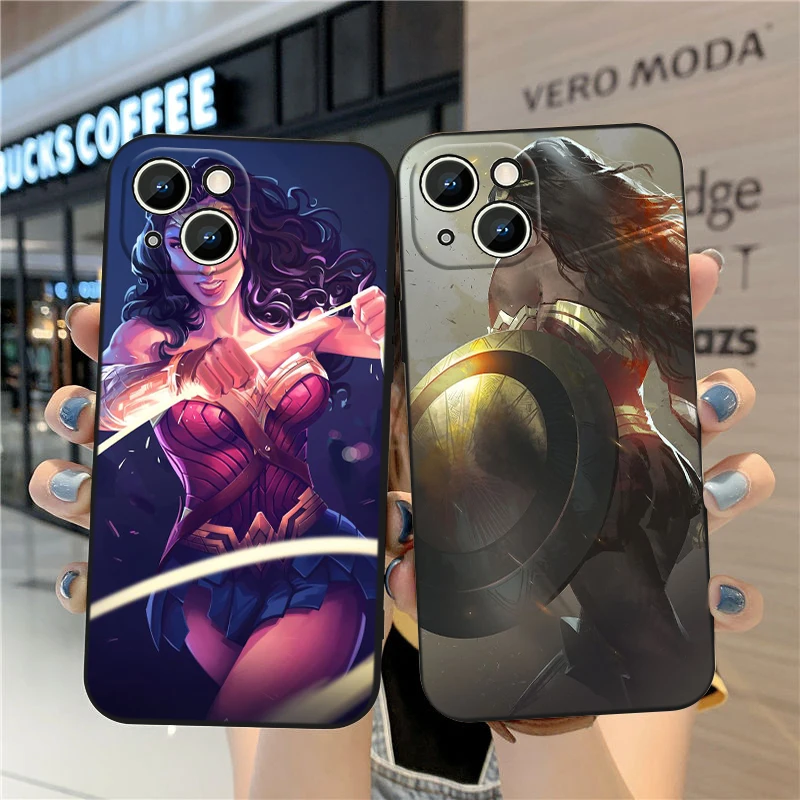 Cute Wonder Woman For Apple iPhone 15 14 13 12 Mini 11 XS XR X 8 7 Pro Max Plus Soft Silicone Black Phone Case