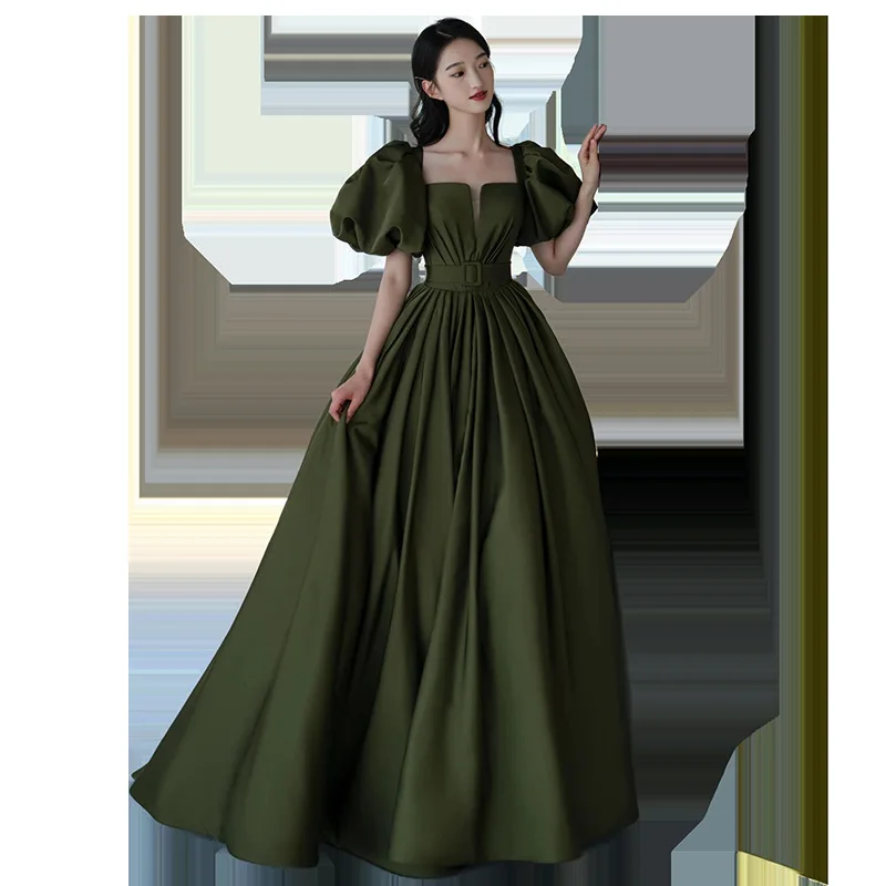 Princess Dark Green Backless Evening Dress 2022 Sexy Square Neck Puff Sleeve A-Line Party Prom Gown