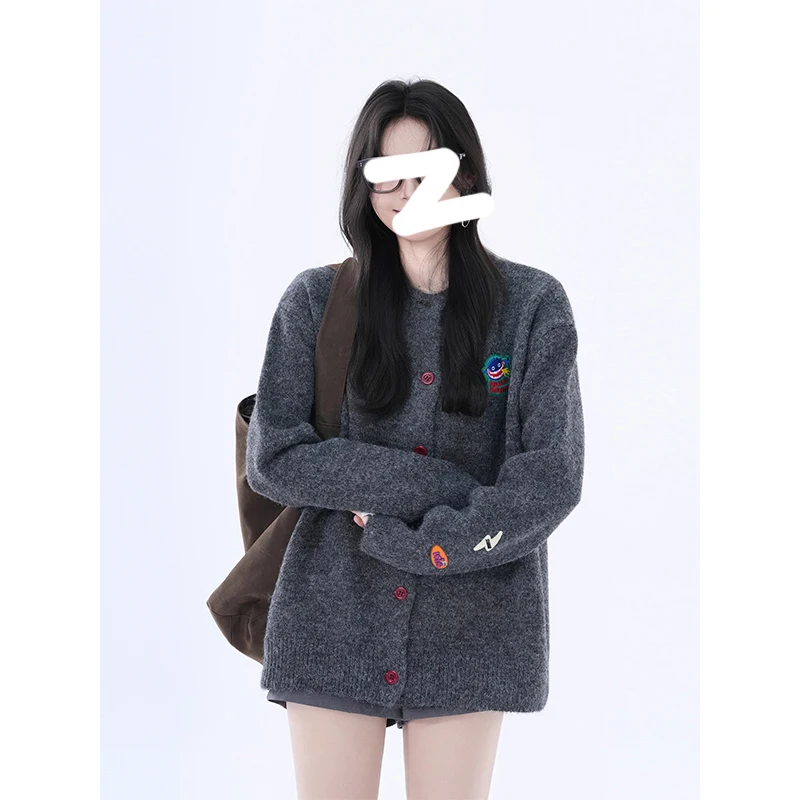 Cardigan en tricot gris pour femme, tenue Vintage américaine, coupe ample, manches longues, vêtements d'extérieur, décontracté, élégant, Kpop, Streetwear, Y2k, automne 2025