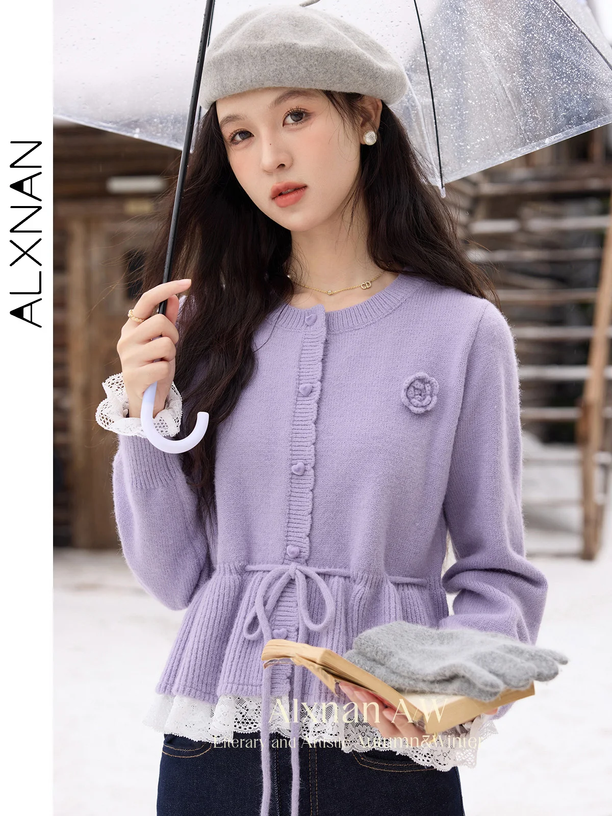 

ALXNAN Women Lace Patchwork Cardigan O-neck Lace-up Heart Buttons Long Sleeve Sweater 2024 Winter Crochet Brooch Knitwear L52519