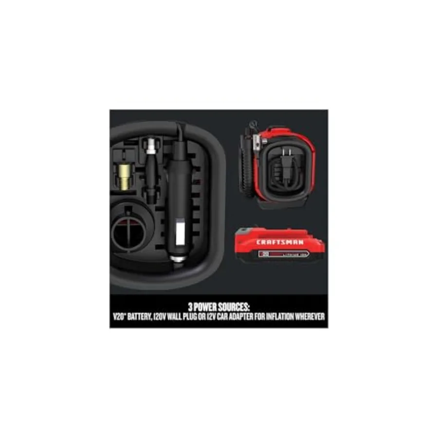 Pompka do opon V20, przenośny kompresor powietrza, pompka samochodowa z 3 trybami: bezprzewodowa, zasilana z sieci 120V i zasilana akumulatorem samochodowym 12V.