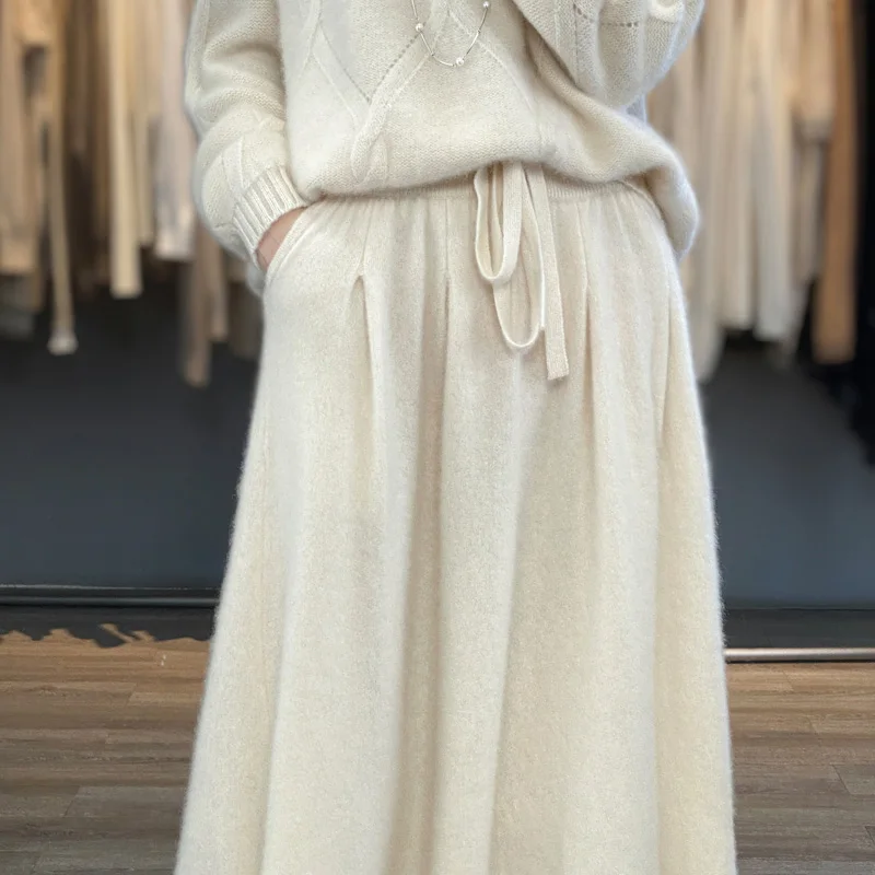 2023 Autumn/Winter New 100% Wool Women\'s Loose Knitted High Waist Half Skirt Fashion Korean Luxury Soft Women\'s Wool Skirt
