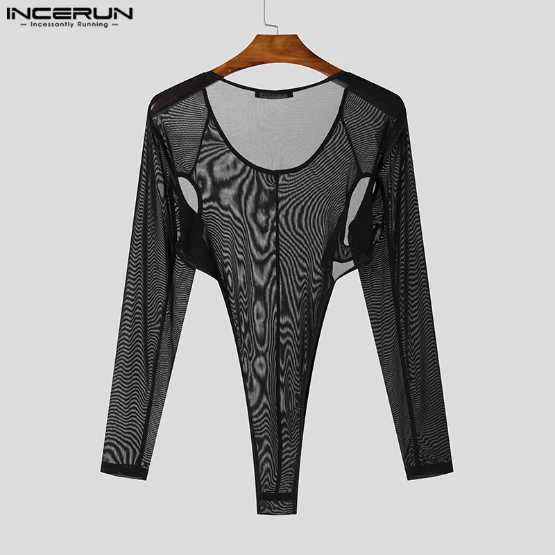 INCERUN 2024 model Amerika Jumpsuit Fashion pria seksi tembus pandang jala tipis bodysuit pria Homewear lengan panjang Romper S-5XL