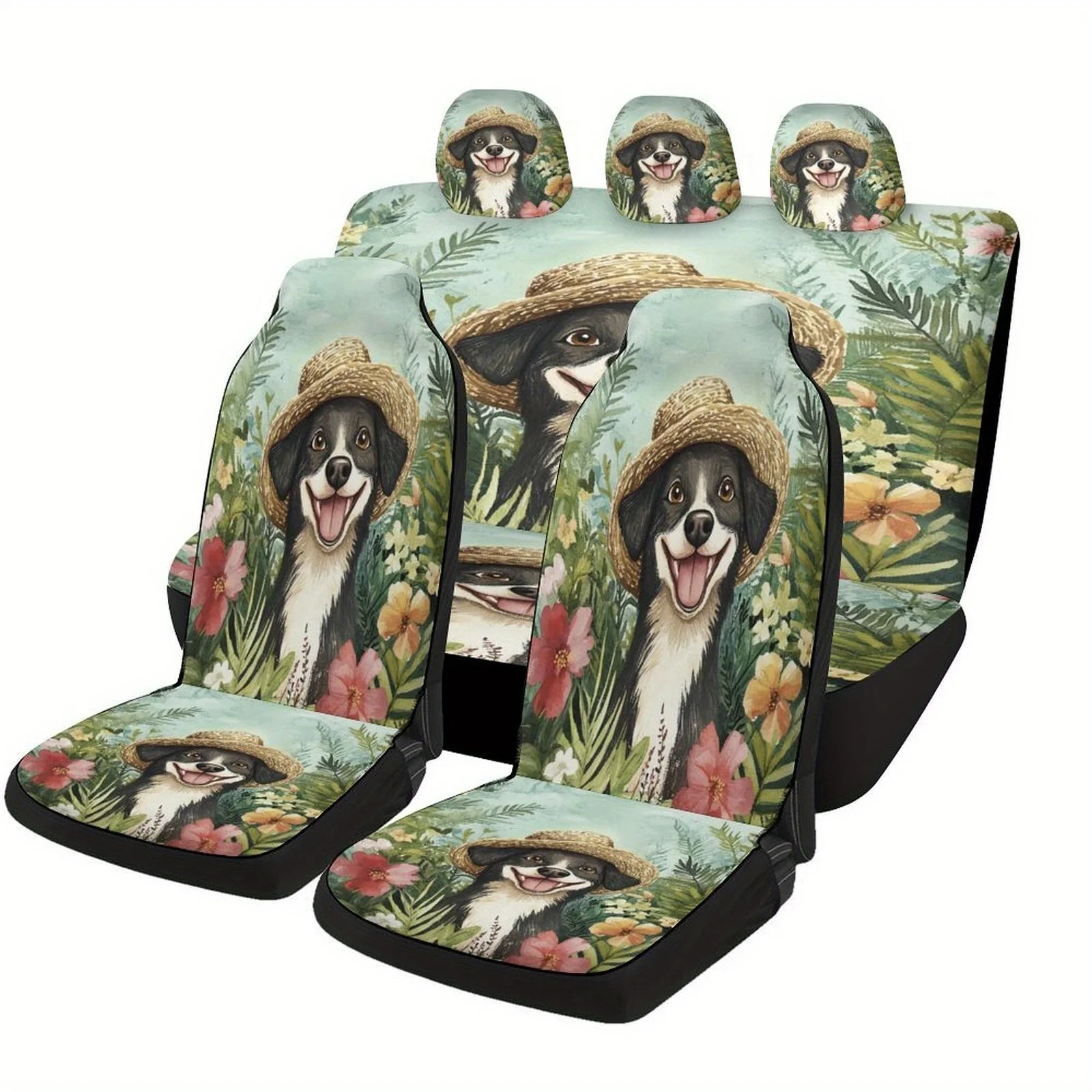 

Happy Dog In Garden Themed Car Seat Covers Set For Most Cars, Decorative Fashionable High-quality Car Seat Protector Covers Full