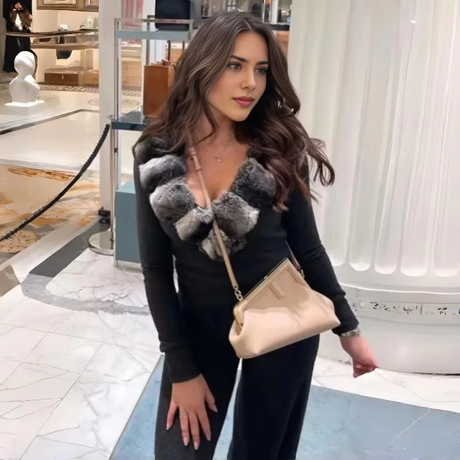 Damska kurtka z prawdziwej wełny i futra, sweter kaszmirowy damski z naturalnym kołnierzem z futra królika Rex, nowa moda zima.