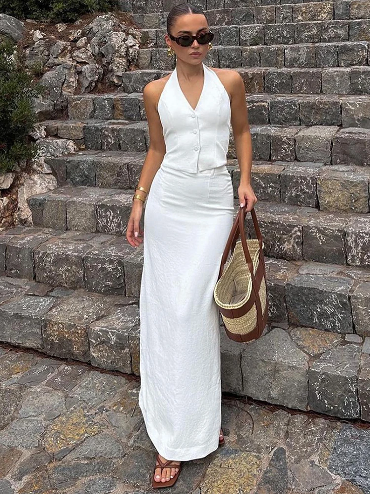 

White Long Skirt Two Piece Summer Hanging Neck Button Vest Slim Long Skirt Set Casual Sexy Fashion Women Dress Sets