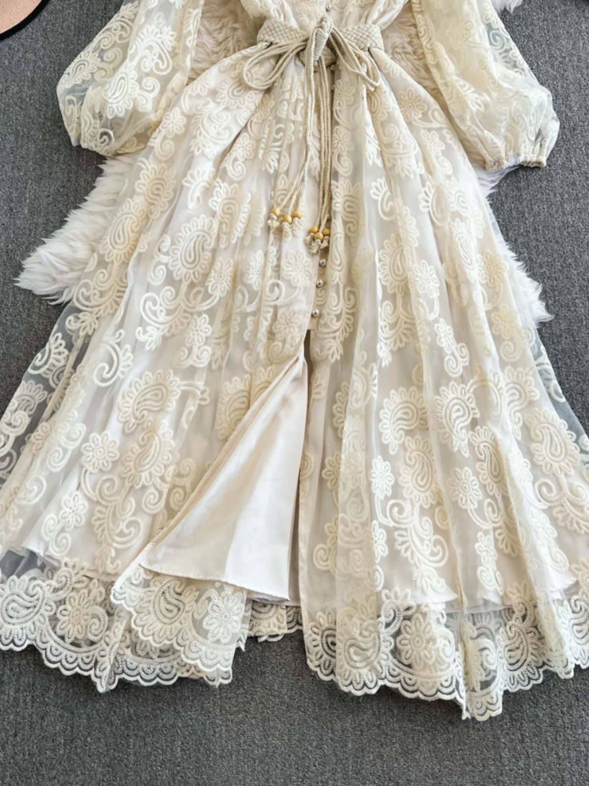 Ele Wasserlöslicher Blumenstickerei Puffy Rock Lang Dr Spitze aushöhlen Urlaub Sle Hohe Taille A-Linie Midi Dr