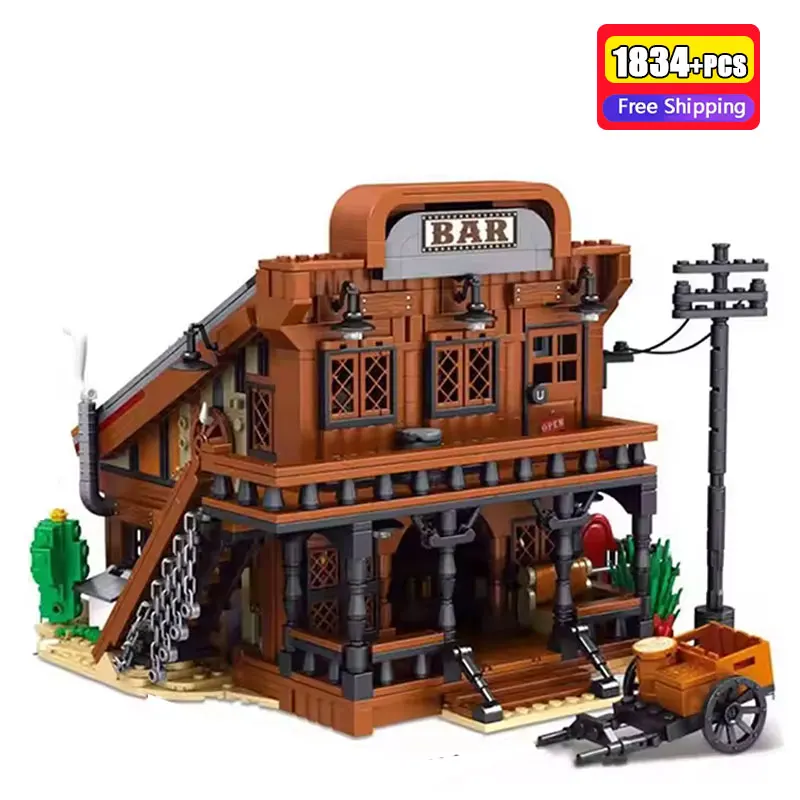 

1834Pcs Cowboy Town Bar Series Modular Building Set City Architecture Street View Construction Kit With Lighting Accessories