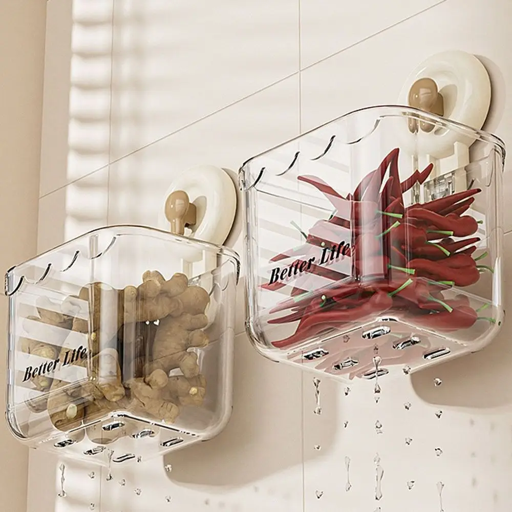 Plastic Suction Cup Storage Box Transparent Removable Kitchen Garlic Holder No Punching Easy Installation Shower Storage Rack
