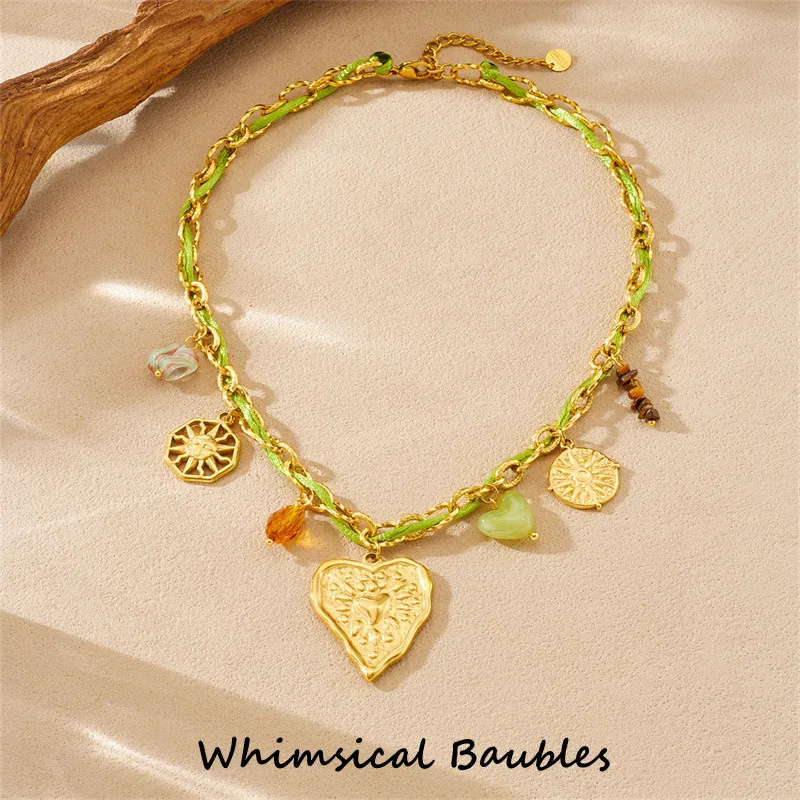 

Customized Stainless Steel Heart Shape Crystal Multi Pendant Necklace Lady Vintage Colored Woven Rope Neck Chain Jewelry