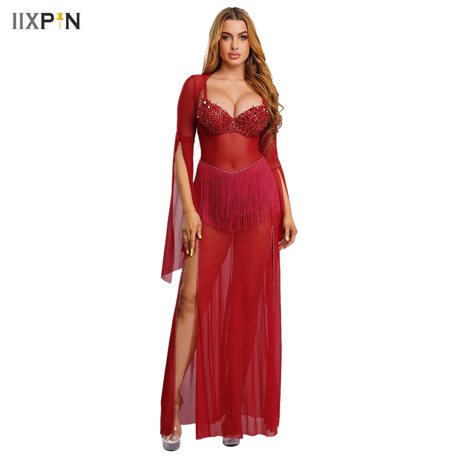 

Women Egyptian Belly Dance Dress Bell Sleeve Tassel Waist Rhinestone Trim Mesh Slit Hem Maxi Dress for Nightclub Belly Dancewear