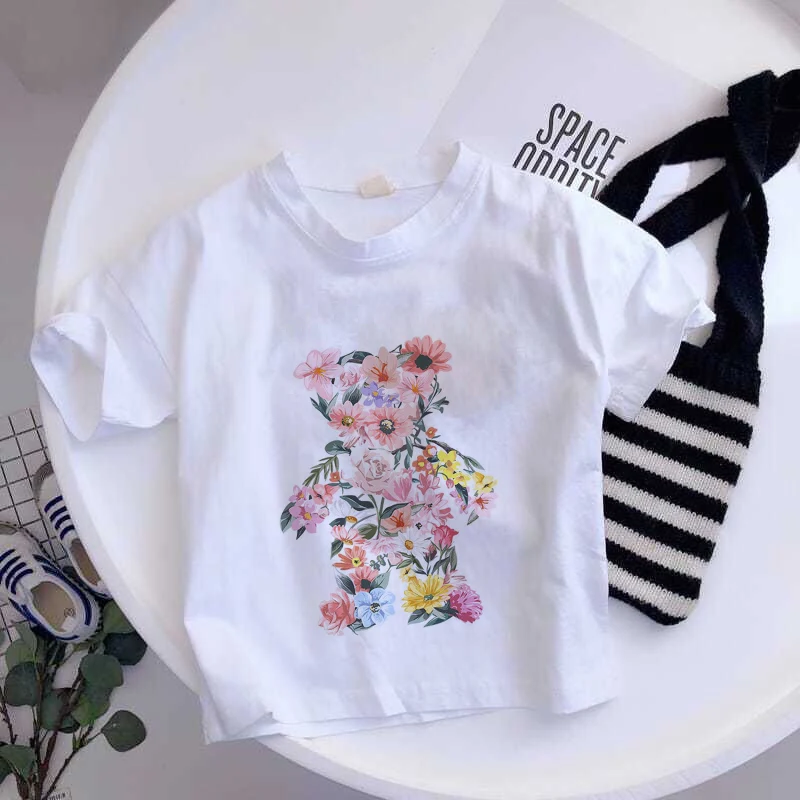 New Summer Cute Little Bear Children T-shirt Kawaii Flower Bear T Shirt Cartoons Casual Vintage Clothes Kid Girl Boy Top Tee