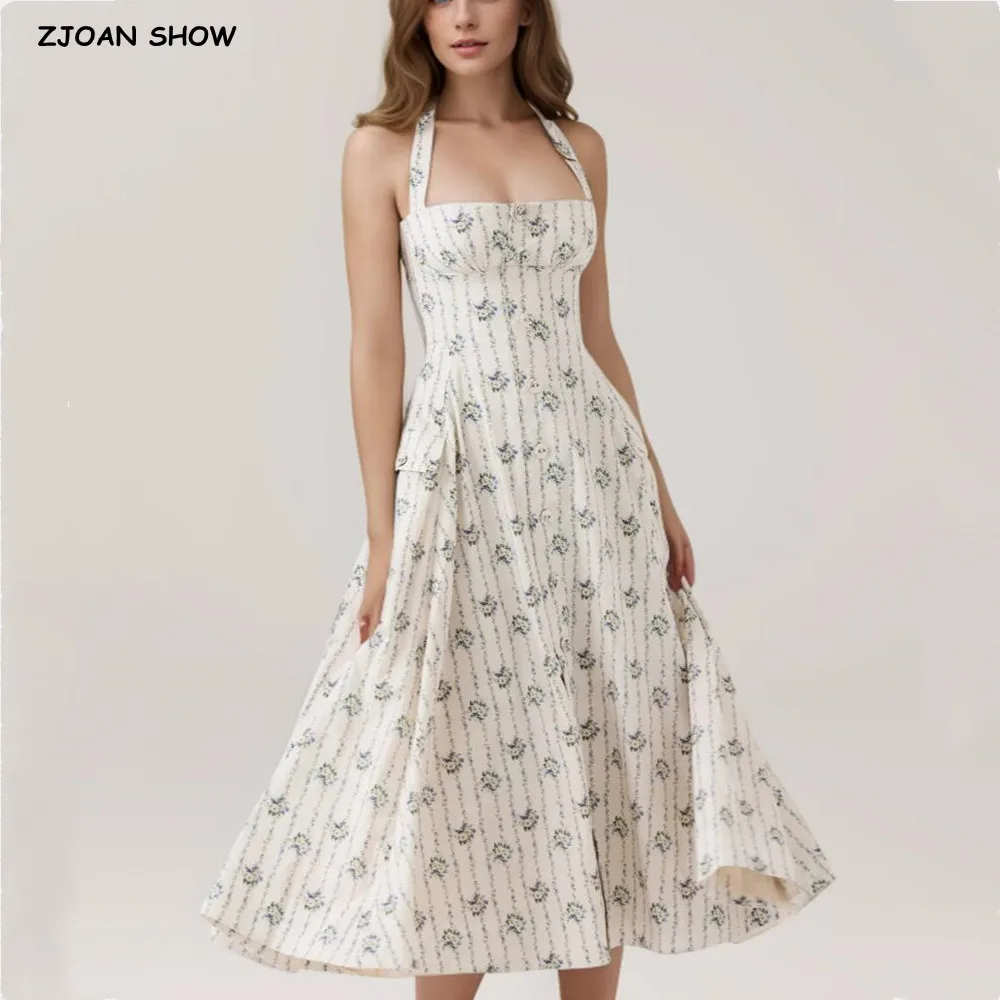

2025 Sexy Open Buttons Floral Print Bow Halter Sling Dress Women Side Pockets Slim Low Waist A-Lined Swing Long Dresses Robe