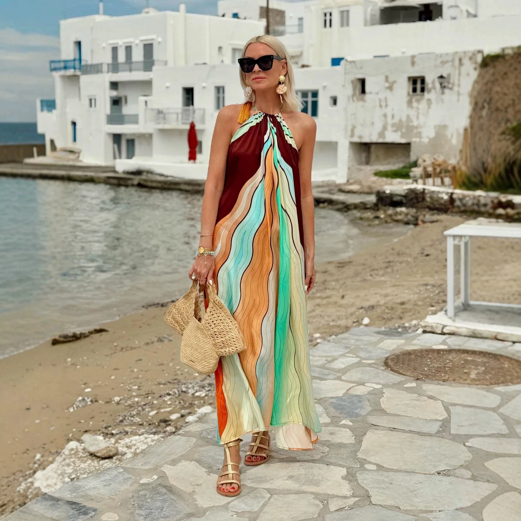 2026 summer new ins Internet celebrity with the same positioning print A pendulum holiday style dress dress