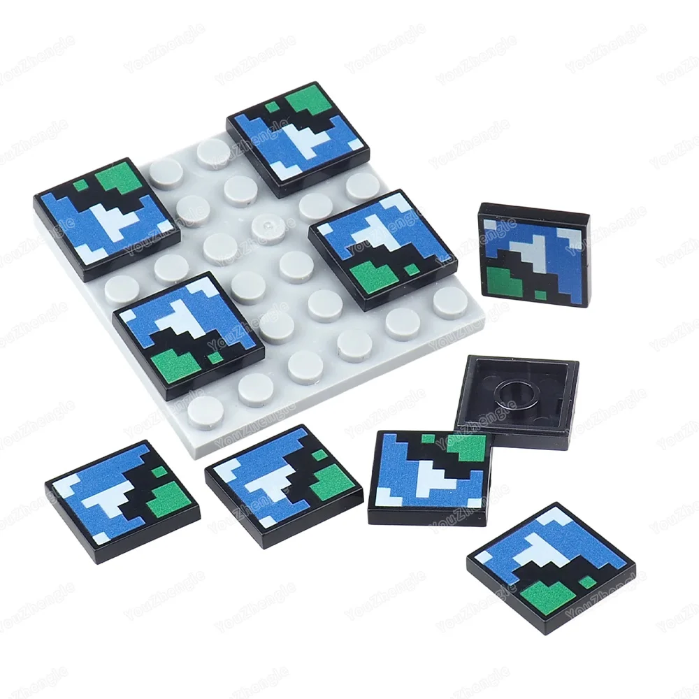 픽셀화된 청록색-흰색 인쇄 패턴 빌딩 블록 2x2 타일 3068 부품 MOC 피규어 블록 세계 지도 장면 모델 선물 장난감