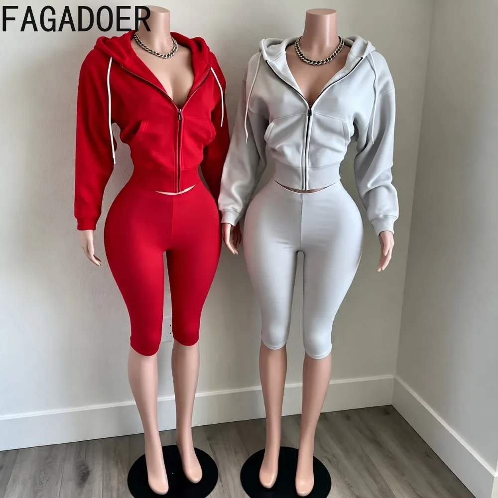 FAGADOER Women’s 2 Piece Tracksuit Set Long Sleeve Zip Up Cropped Hoodie High Waist Biker Shorts Casual Sporty Streetwear Outfit