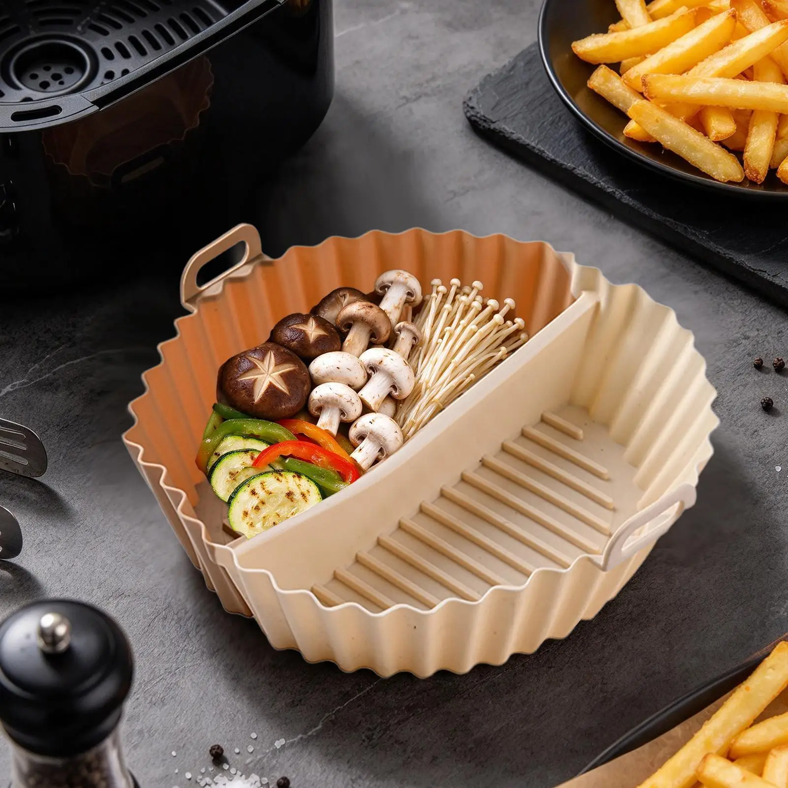 Air Fryer Silicone Liners Round Compartment Air Fryer Silicone Pot Reusable Food Grade Silicone Airfryer Liners Baking Basket