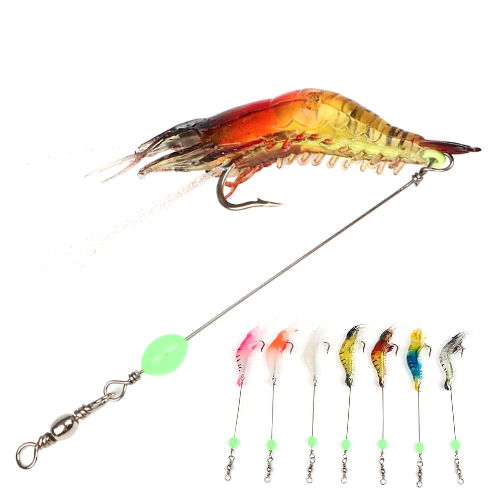 

7pcs 8cm Luminous Shrimp Silicon Soft 3D Simulation Shrimp Artificial Bait With Hooks Swivels Sea Fishing 5g Fishing Tackle