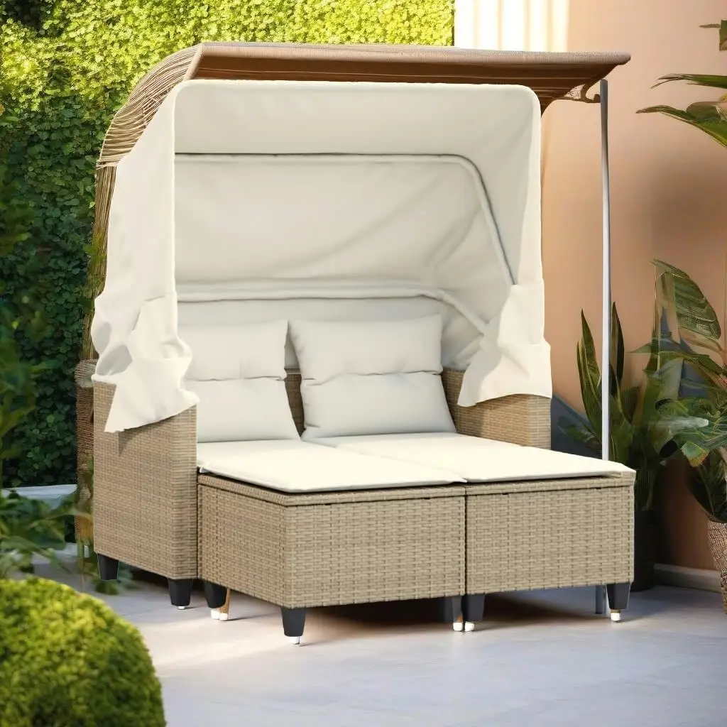 Beige Poly Rattan 2-Seater Patio Sofa Set with Canopy & Stools for Outdoor Comfort