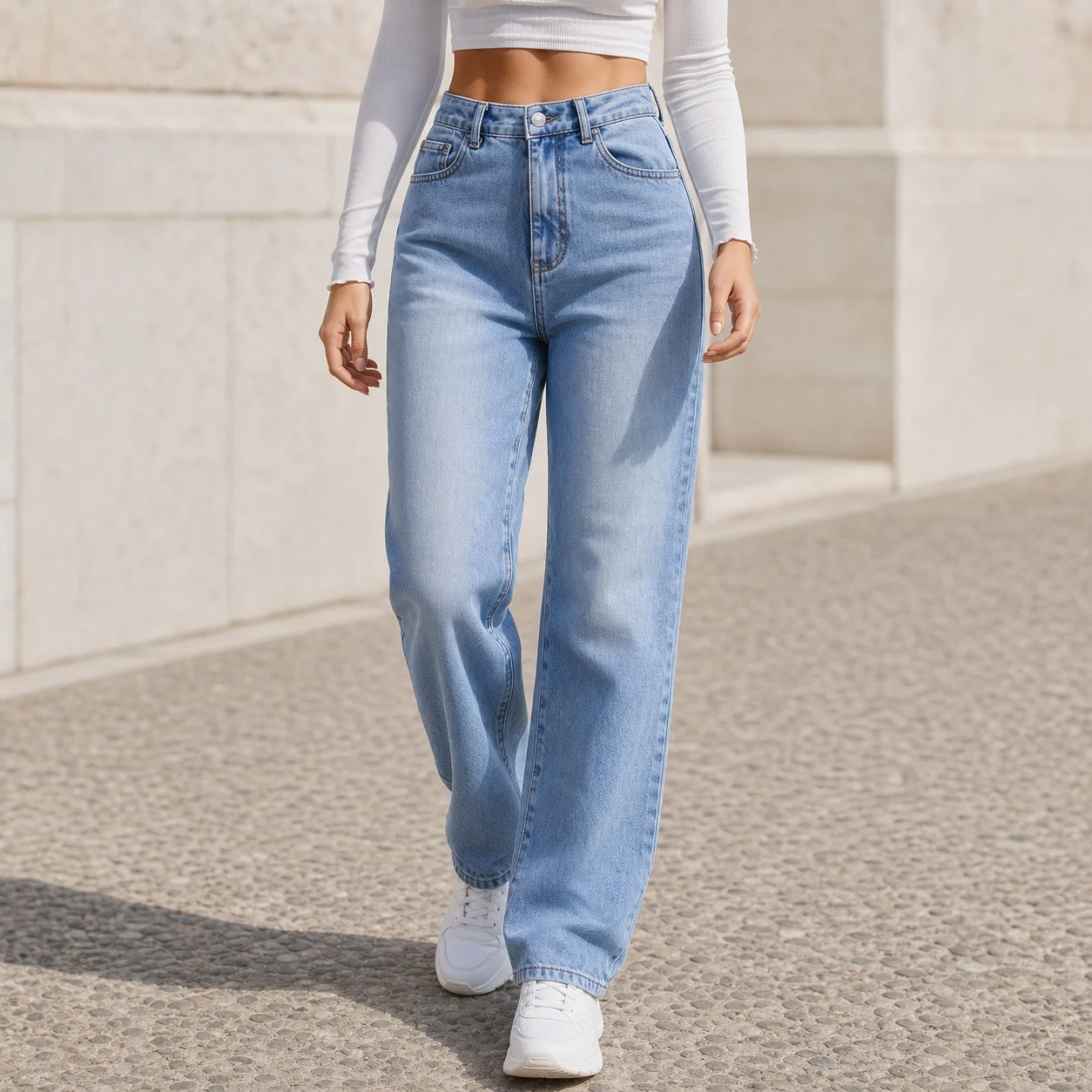 Women's Baggy Mid Waist Thick Cotton Full Length Washed Straight Leg Wrinkle Free Basic Streetwear Jeans with Five Pocket