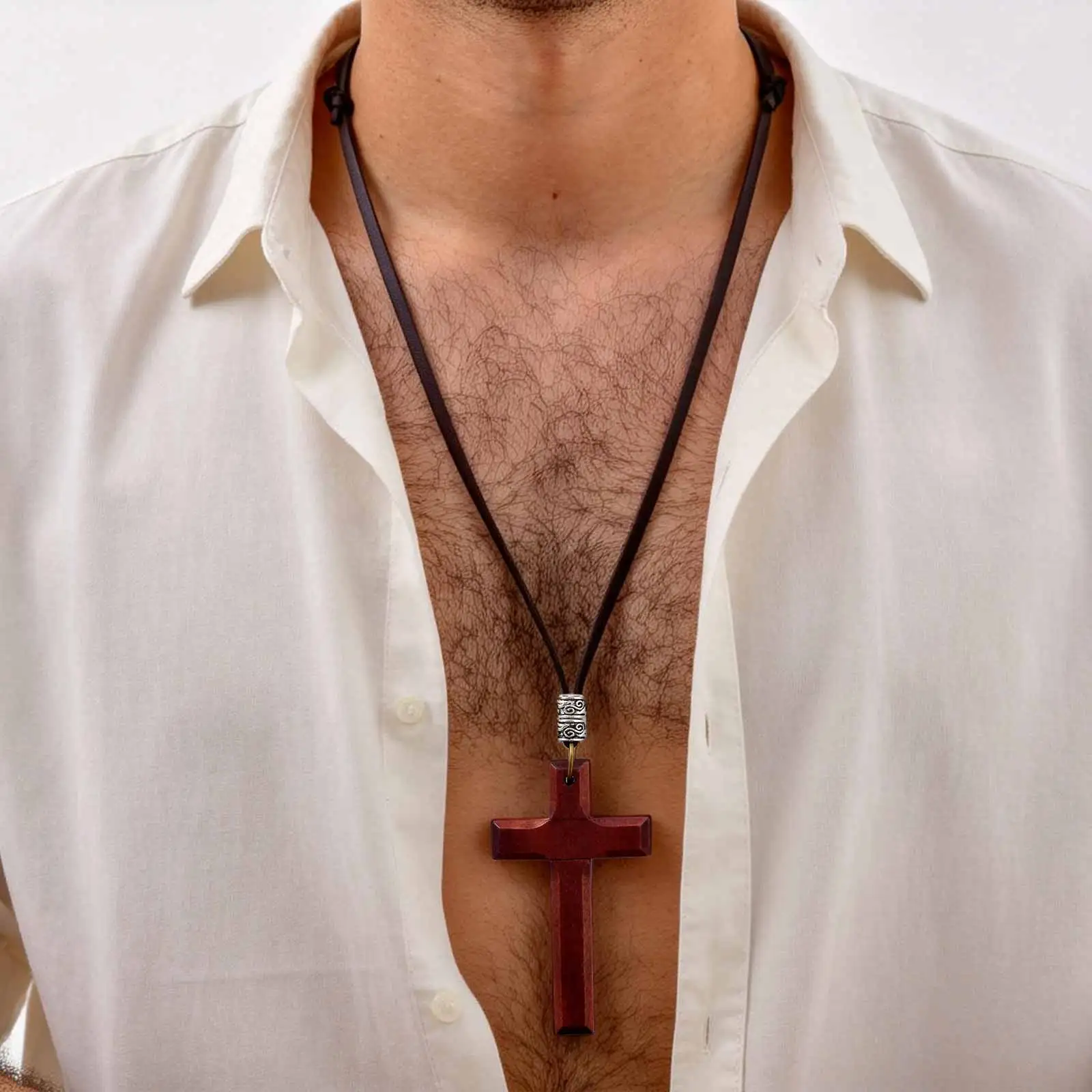 Große Holzkreuz-Halskette für Männer, Katholisches Kreuz Jesus Christus Langes Anhänger-Collier, Glaubens- und Gebetsreligiöser Schmuck – Detail 4