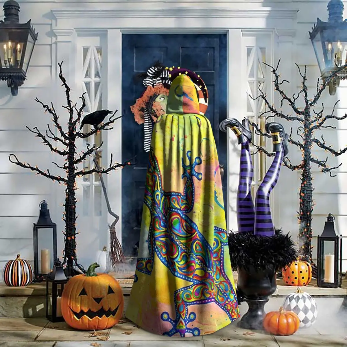 Étnico tribal lagarto salamandra longo com capuz capa bruxa traje medieval cosplay capa halloweencoat adulto unisex